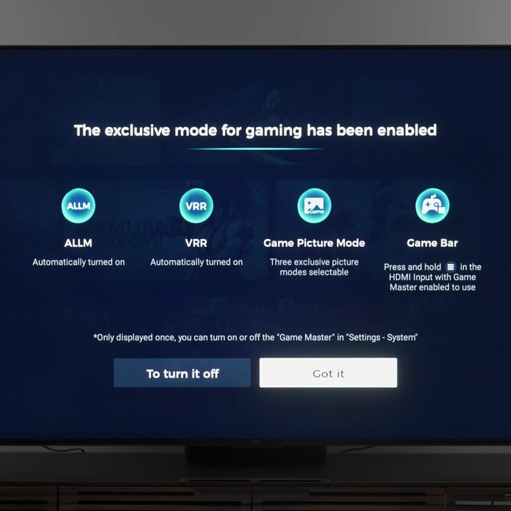 The Gaming mode activation screen on a TCL QM8.