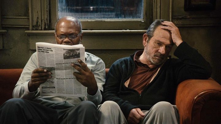 Two men sit on a couch in The Sunset Limited.