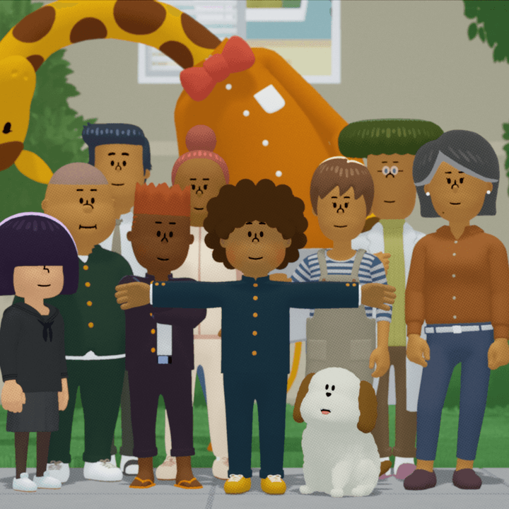Teens and a giraffe pose for a school photo in To a T.