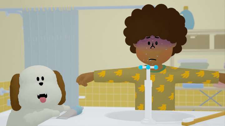 A child T-poses in front of a bathroom sink in To a T.