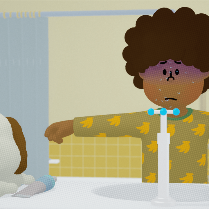 A child T-poses in front of a bathroom sink in To a T.