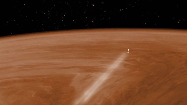 a rendering of a spacecraft slowing down in the Venus atmosphere