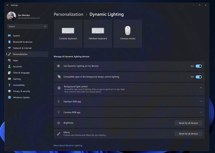 Dynamic Lighting settings in Windows 11.