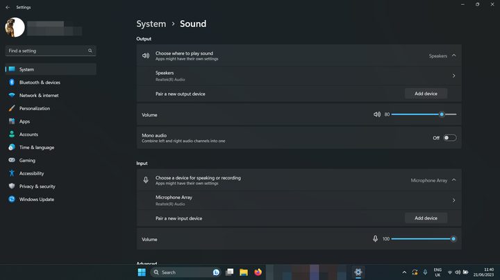 Sound settings in Windows 11.