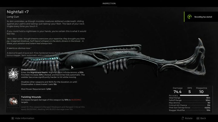 A closeup of the nightfall rifle in Remnant 2.