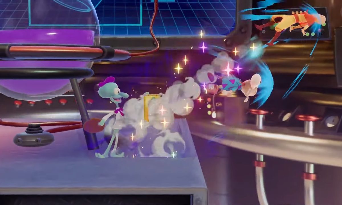 Squidward knocking out two opponents with a painting.