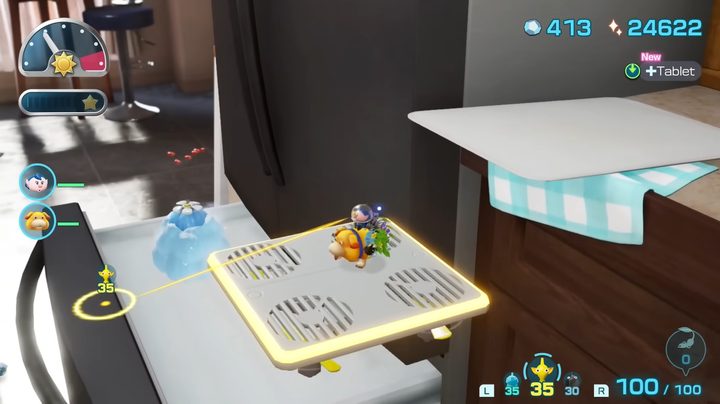 A crewmember riding oatchi down to an ice onion in a freezer.