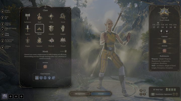 An elf monk class in Baldur's Gate 3.