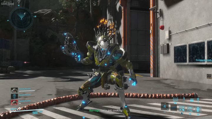 The barrage exosuit standing in the street.