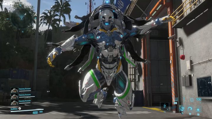 The witchdoctor exosuit jumping in t he air.