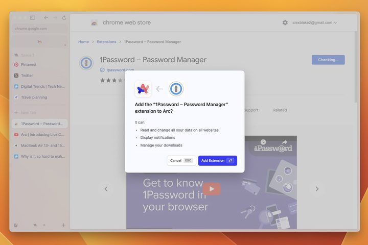 The Arc web browser running on macOS Ventura, showing an installation dialog box for the 1Password Chrome extension.