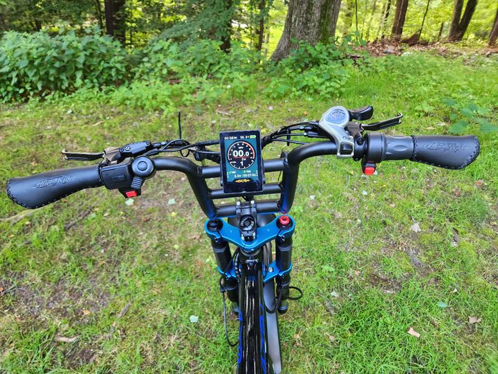 Ariel Rider Grizzly handlebar controls including color display, motor selection red switch on the left, and throttle cut-out red button on the right.