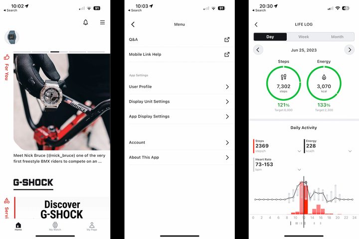Screenshots taken from the Casio Watches app.