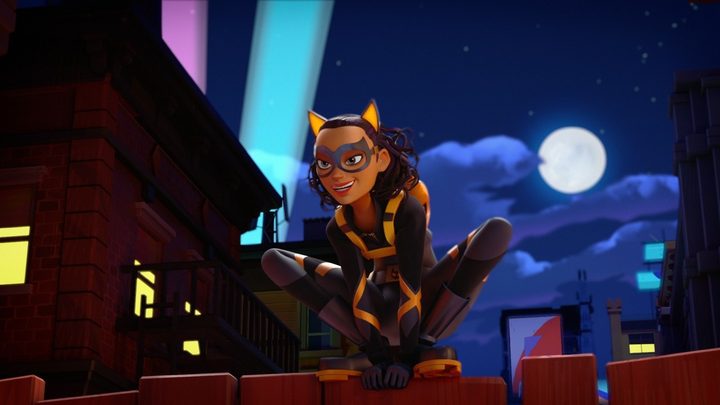 Catwoman crouching on a rooftop in Batwheels.