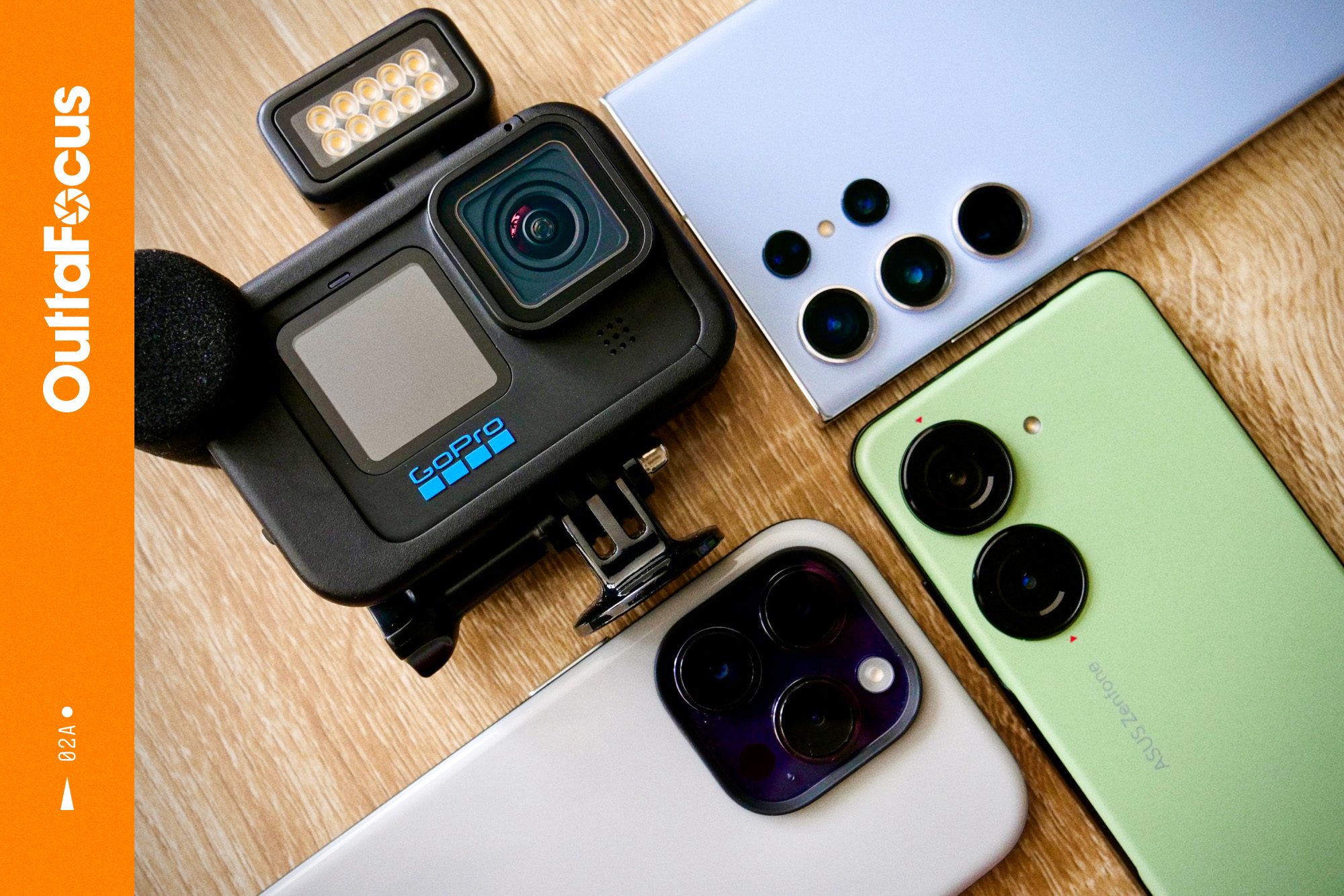The Asus Zenfone 10, along with the Samsung Galaxy S23 Ultra, Apple iPhone 14 Pro, and the GoPro Hero 11 Black.
