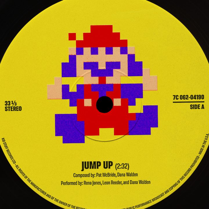 A pixelated Mario appears on a vinyl record.