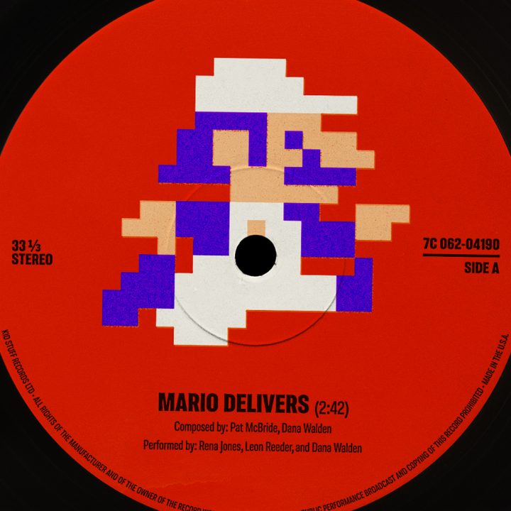 A pixelated Mario appears on a red vinyl record label.