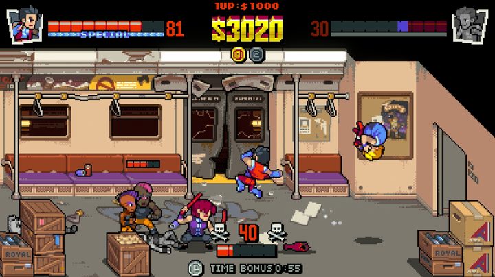 Billy and Jimmy fight enemies on a train in Double Dragon Gaiden: Rise of the Dragons