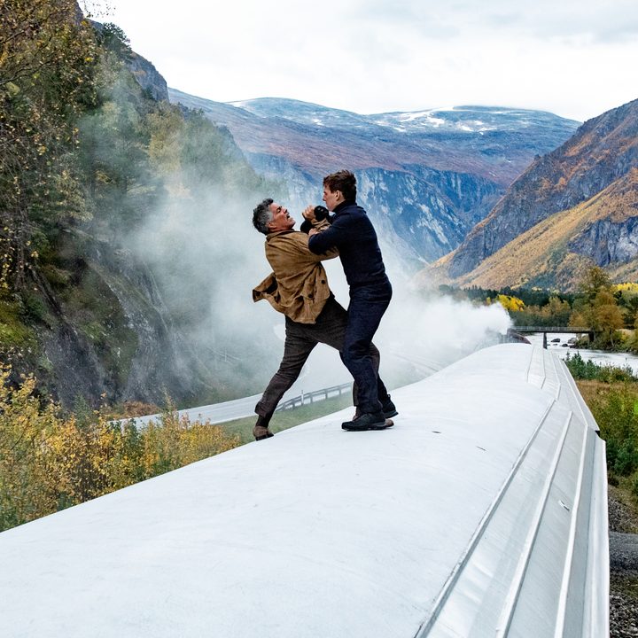 Esai Morales and Tom Cruise fight on top of a train in Mission: Impossible - Dead Reckoning Part One.