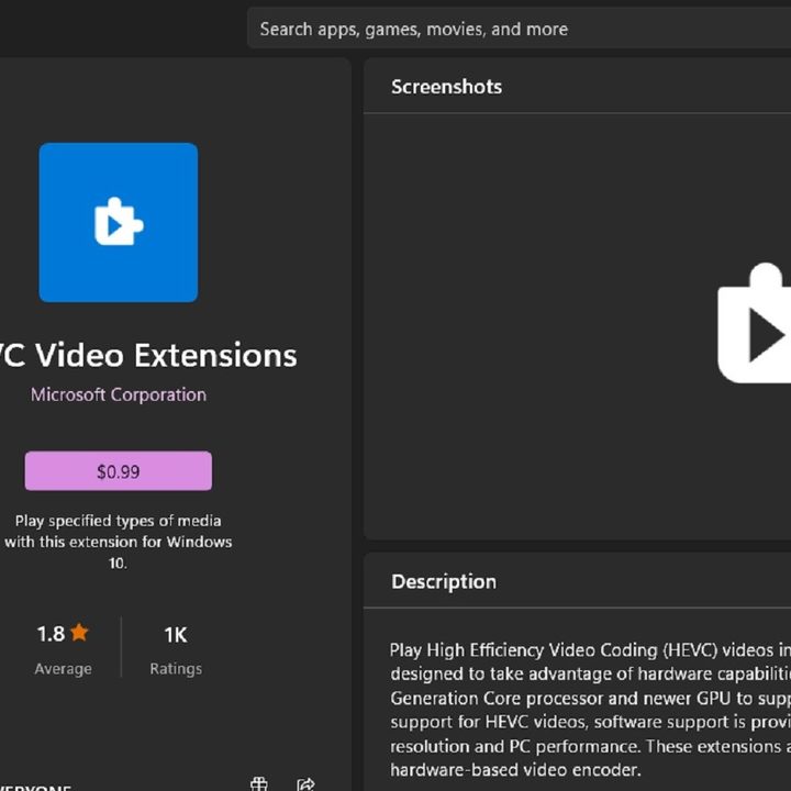 HEVC Video Extensions app listing on Microsoft Store.
