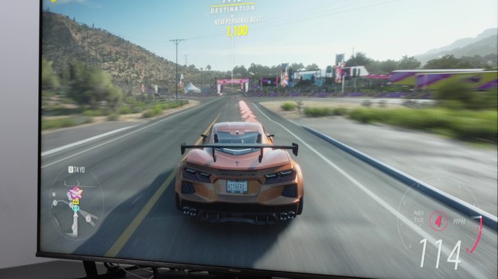 A screenshot of Forza Motorsports being played on a Hisense U8K TV.