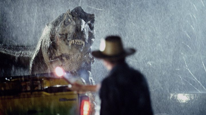 Sam Neill stares down the mighty T. Rex in "Jurassic Park."