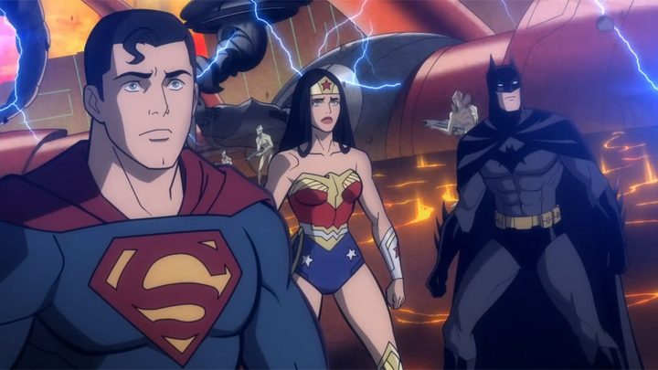 Superman, Wonder Woman, and Batman in Justice League: Warworld.