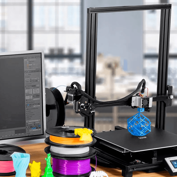 A Monoprice MP10 3D Printer is creating an octahedron in blue plastic.