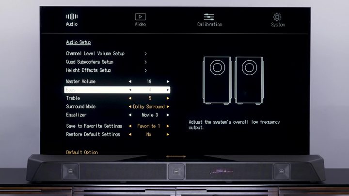 The Nakamichi Dragon Surround System menu option for bass adjustment.