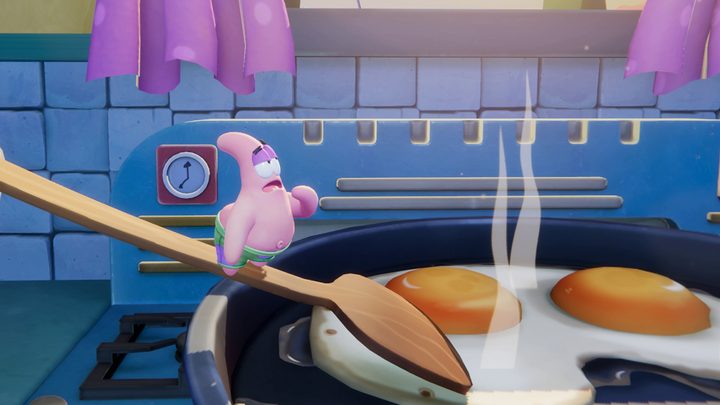Patrick Star stands confused on a spoon in Nickelodeon All-Star Brawl 2.
