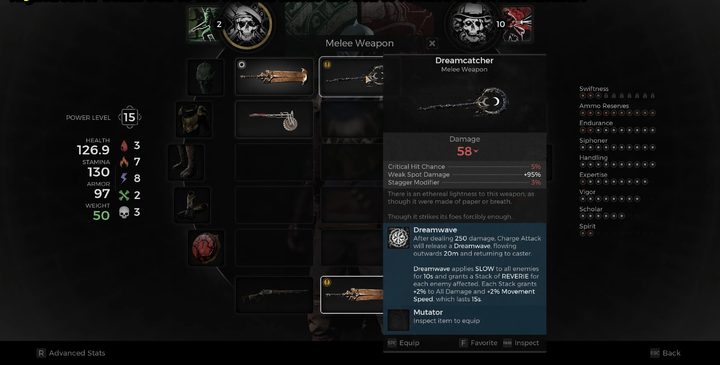 The Dreamcatcher melee weapon stats.