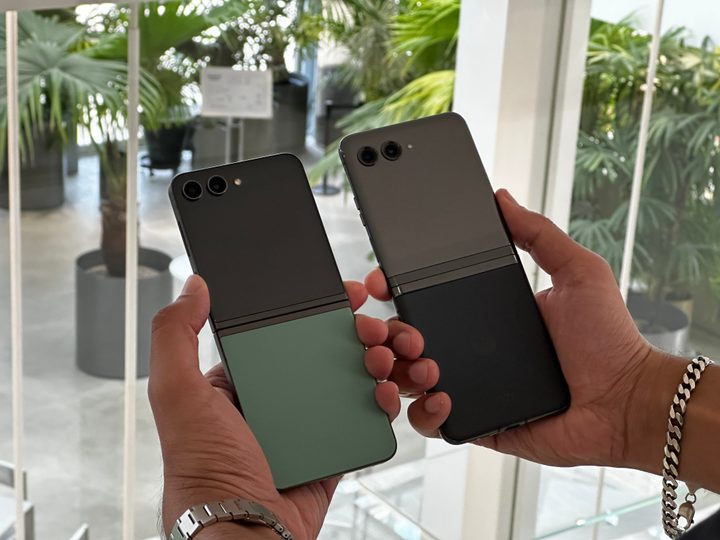 Samsung Galaxy Z Flip 5 and Motorola Razr Plus back unfolded.