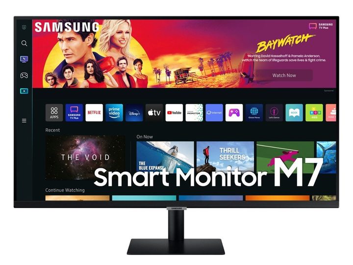 The Samsung M7 smart monitor with apps on the screen.