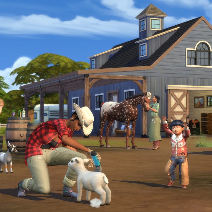 A blue stable sits in the background. A horse is being pet by a Sim in green clothes, a toddler is walking towards another Sim who is shearing a sheep, and a child Sim is riding a horse on hte right side of the picture. A fifth Sim is squashing ingredients in a large bucket to make nectar.