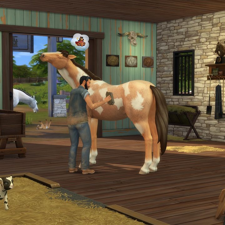 A Sim stands next to a horse, brushing it. The horse is a light tan color with white spots and a brown mane and tail.
