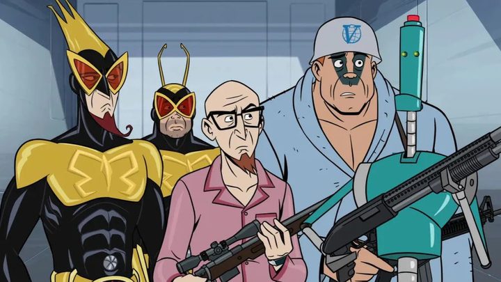The Monarch, 24, Dr. Venture, Sgt. Hatred, and H.E.L.P.eR in The Venture Bros.: Radiant is the Blood of the Baboon Heart.