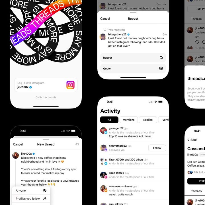 A series of mobile screenshots showing off the Threads app on a black background.