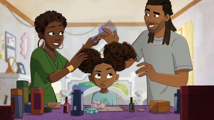 A Black couple styling their daughter's hair in the show Young Love.