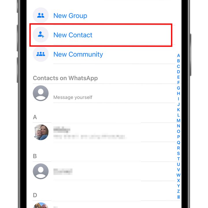 Adding a new contact in WhatsApp on iOS.