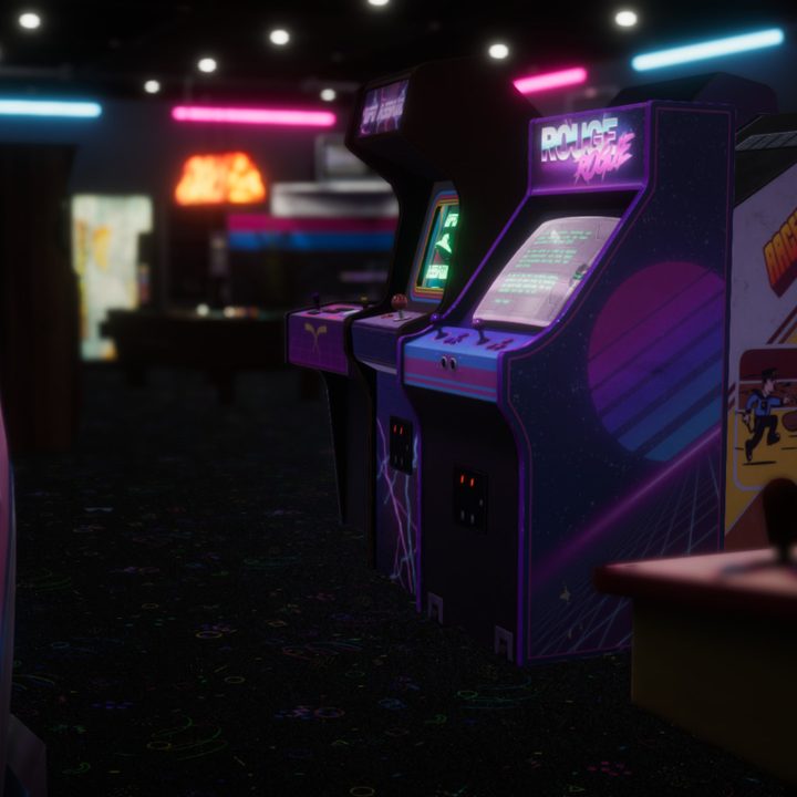 Arcade cabinets stand in a room in Arcade Paradise.