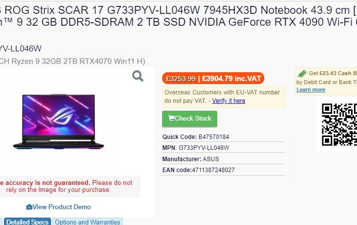 Asus ROG Strix 17 listed on Lambda-Tek.com.