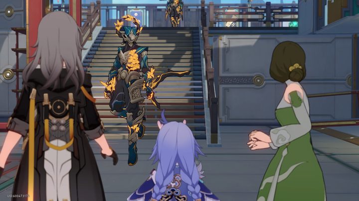 Bailu, Trailblazer, and Banxia fighting armored monster near stairs