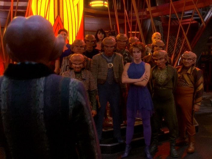 The entire staff of Quark's Bar confronts their boss in the Deep Space Nine episode "Bar Association."
