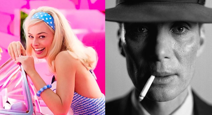 A split image of Barbie and Oppenheimer.