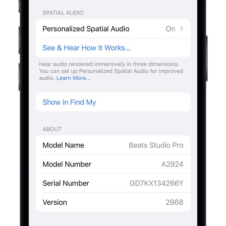 Beats Studio Pro iOS settings main screen, bottom.