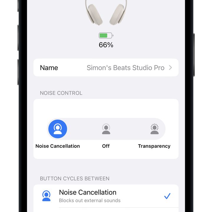 Beats Studio Pro iOS settings main screen, top.