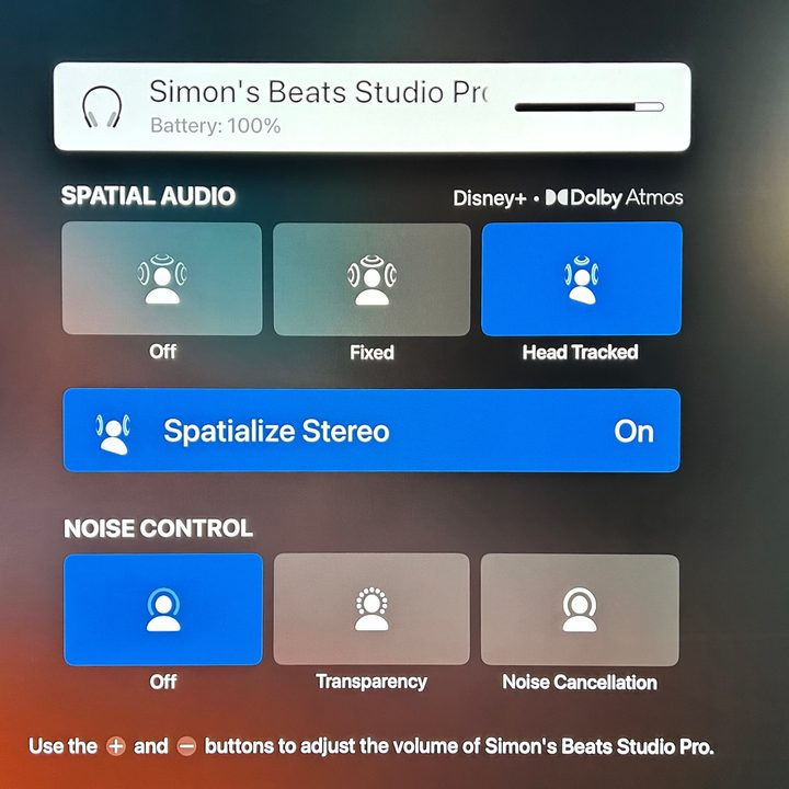 Beats Studio Pro Apple TV 4K spatial audio settings screen.