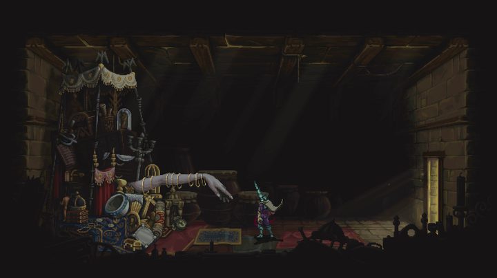 The Penitent One meets a merchant in Blasphemous 2.