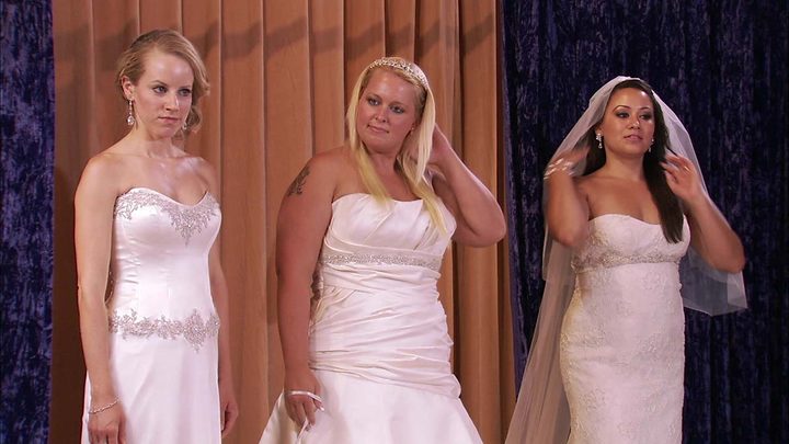 Three women in wedding dresses in a scene from Bridalplasty.