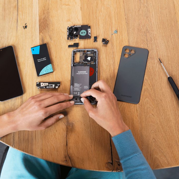 The Fairphone 4 as it's being disassembled for repairs.